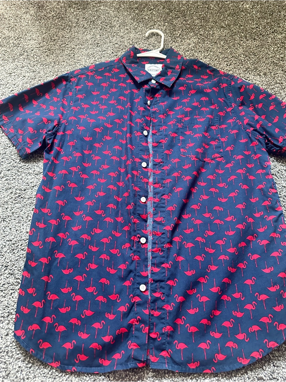 Short-Sleeve Navy Shirt with Pink Flamingo Print